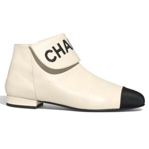 Chanel Women Loge Short Boots in Goat Leather & Faille-White