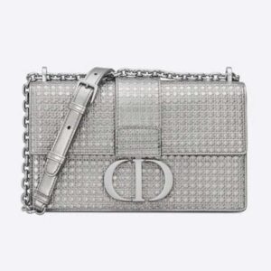 DIOR 30 Montaigne Chain Bag Microcannage Calfskin Flap Closure Silver