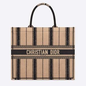 DIOR Book Tote Black and Beige Bayadère Embroidery