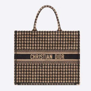 DIOR Book Tote Black and Beige Houndstooth Embroidery