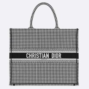 DIOR Book Tote Black and White Houndstooth Embroidery