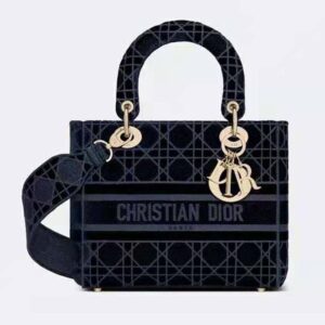 DIOR Medium Lady D-Lite Bag Blue Cannage Embroidered Velvet