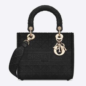 DIOR Medium Lady D-Lite Bag Cannage Embroidery Black
