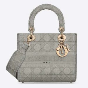 DIOR Medium Lady D-Lite Bag Cannage Embroidery Grey