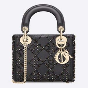 DIOR Mini Lady Dior Bag Black Calfskin Multicolor Beaded Cannage Embroidery