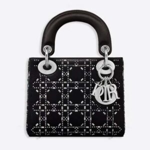 DIOR Mini Lady Dior Bag Cannage Satin with Rhinestones Black