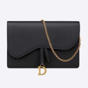 DIOR Saddle Pouch Large Wallet On Chain Clutch Black Grained Calfskin