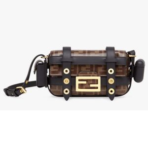 Fendi Women Baguette Mini Cage Multicolor Leather and Fabric Bag Brown
