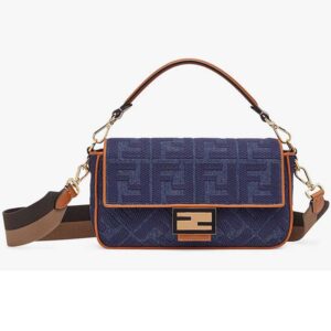 Fendi Women Medium Iconic Baguette Blue Denim Embroidered FF Bag