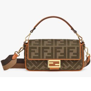 Fendi Women Medium Iconic Baguette Dark Green Canvas Embroidered FF Bag