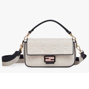 Fendi Women Medium Iconic Baguette White Canvas Embroidered FF Bag
