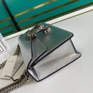 Gucci Women Dionysus Small Shoulder Bag Shiny Lamé Leather Tiger Head Silver