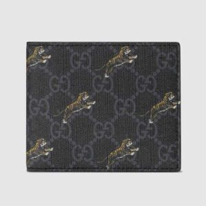 Gucci GG Men GG Wallet with Tiger Print in Black/Grey GG Supreme Canvas