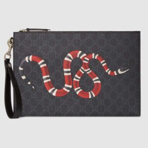 Gucci GG Men Gucci Bestiary Pouch with Kingsnake in Black/Grey GG Supreme Canvas