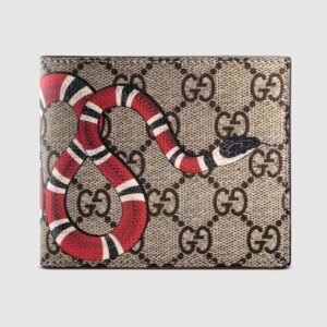Gucci GG Men Kingsnake Print GG Supreme Wallet in Beige/Ebony GG Supreme Canvas