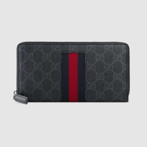 Gucci GG Unisex GG Supreme Web Zip Around Wallet in Black/Grey GG Supreme Canvas