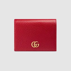 Gucci GG Unisex Leather Card Case Wallet in Textured Leather with Double G Red