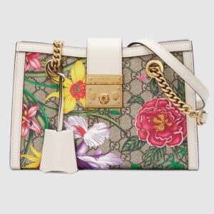 Gucci GG Women Padlock GG Flora Small Shoulder Bag in Beige/Ebony GG Supreme Canvas