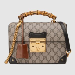 Gucci GG Women Padlock GG Small Bamboo Shoulder Bag in Beige/Ebony GG Supreme Canvas