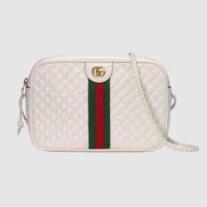 Gucci GG Women Quilted Leather Small Shoulder Bag with Green and Red Web
