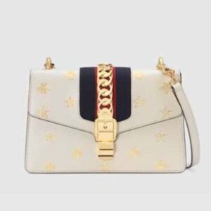 Gucci GG Women Sylvie Bee Star Small Shoulder Bag in Leather with Gold Bees and Stars Print