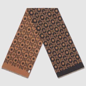 Gucci Unisex Bees And Stars GG Jacquard Scarf in Wool and Silk Brown