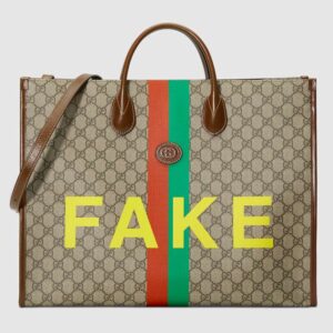 Gucci Unisex ‘Fake/Not’ Print Large Tote Bag GG Supreme Canvas