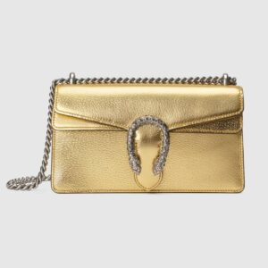 Gucci Women Dionysus Small Shoulder Bag Shiny Lamé Leather Tiger Head Gold
