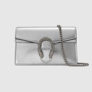Gucci Women Dionysus Super Mini Bag Metallic Lamé Leather Tiger Head Silver
