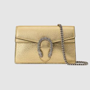 Gucci Women Dionysus Super Mini Bag Metallic Lamé Leather Tiger Head Gold