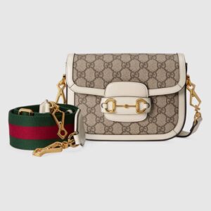 Gucci Women Horsebit 1955 Mini Bag Beige and Ebony GG Supreme Canvas White