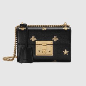 Gucci Women Padlock Gold Bee Star Small Shoulder Bag Textured Leather Black