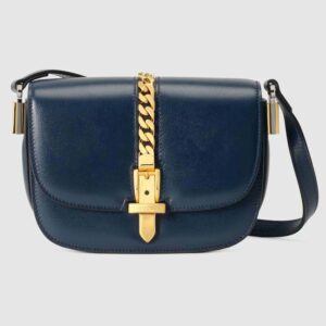 Gucci Women Sylvie 1969 Mini Shoulder Bag Textured Leather Vintage Navy