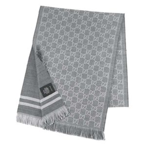 Gucci Men GG Jacquard Pattern Knit Scarf with Fringe Grey