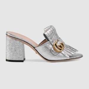 Gucci Women Suede Mid-Heel Slide 75mm Heel-Silver