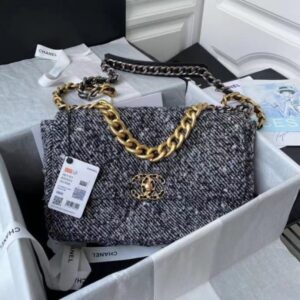 Chanel 19 Large Handbag Gray And Milky White Wool