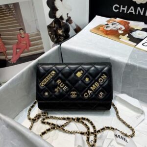 Chanel Lambskin Wallet Bag with Chain WOC and Emblem Charm Black