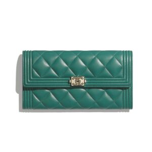 Chanel Women Boy Chanel Long Flap Wallet in Lambskin Leather-Green
