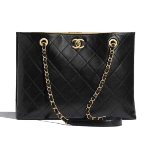 Chanel Women Large Shopping Tote Bag in Lambskin Leather-Black