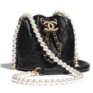 Chanel Women Mini Bucket Bag Calfskin Imitation Pearls Gold Tone Metal Black