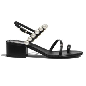 Chanel Women Sandals Lambskin & Pearls Black 4 cm Heel