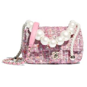 Chanel Women Shoulder Flap Bag Tweed Metal Chain Faux Pearl-Pink