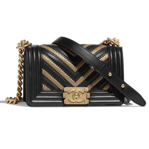Chanel Women Small Boy Chanel Handbag in Metallic Lambskin Leather-Black and Gold