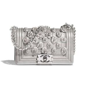Chanel Women Textured Metal Embroidered Flower Leather Shoulder Bag-Silver