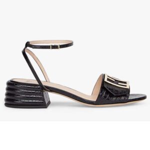 Fendi Women Black Leather Sandals FF Baguette Metal Buckle