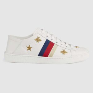 Gucci Women’s Ace Embroidered Sneaker in White Leather with Bees and Stars