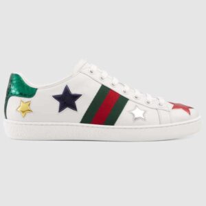 Gucci Women’s Ace Embroidered Sneaker in White Leather with Inlaid Multicolor Stars
