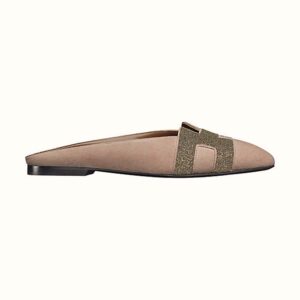 Hermes Women Roxane Mule in Suede Goatskin with Crystal-Rose
