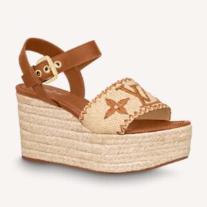 Louis Vuitton Women Boundary Wedge Sandal Raffia and Tan Calf Leather