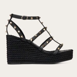 Valentino Women Garavani Ankle Strap Wedge Calfskin Leather 95 mm-Black